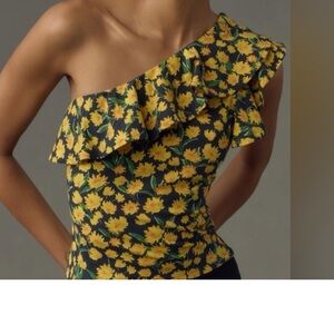 NWOT Anthropologie Maeve One-Shoulder Ruffle
Top | Yellow Floral/Black | XL